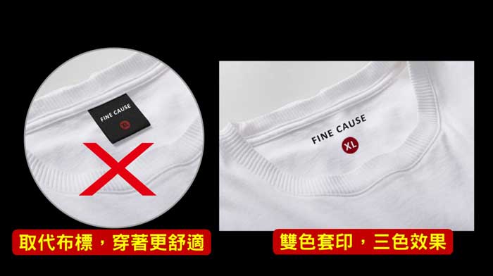 印刷較大物件不好定位,如衣服尺標、LOGO印刷,只需手按壓不動,自動完成雙色印刷。