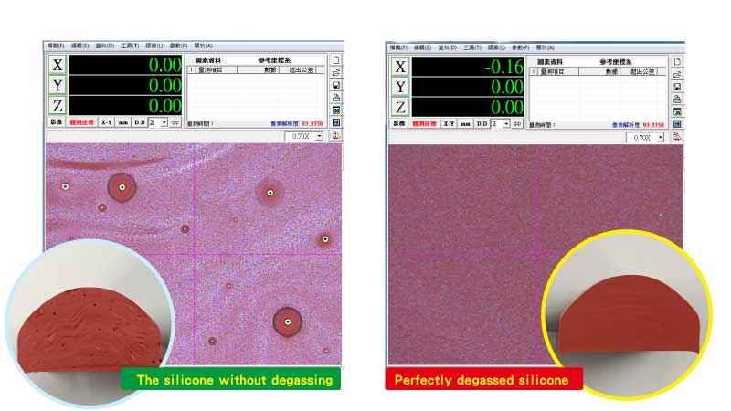 Inspecting deaeration effect of cured silicone using a 2.5D measuring instrument